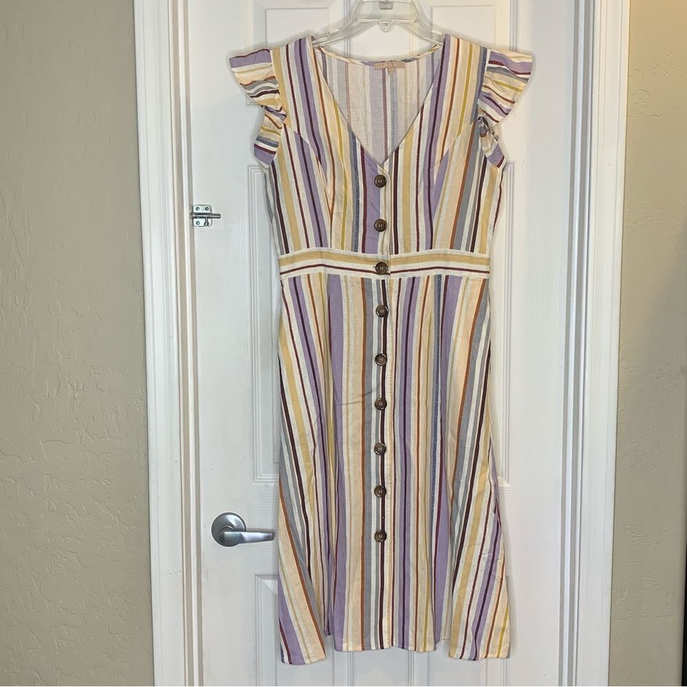 Evolutionary Linen Dress Striped Ruffle Size Large